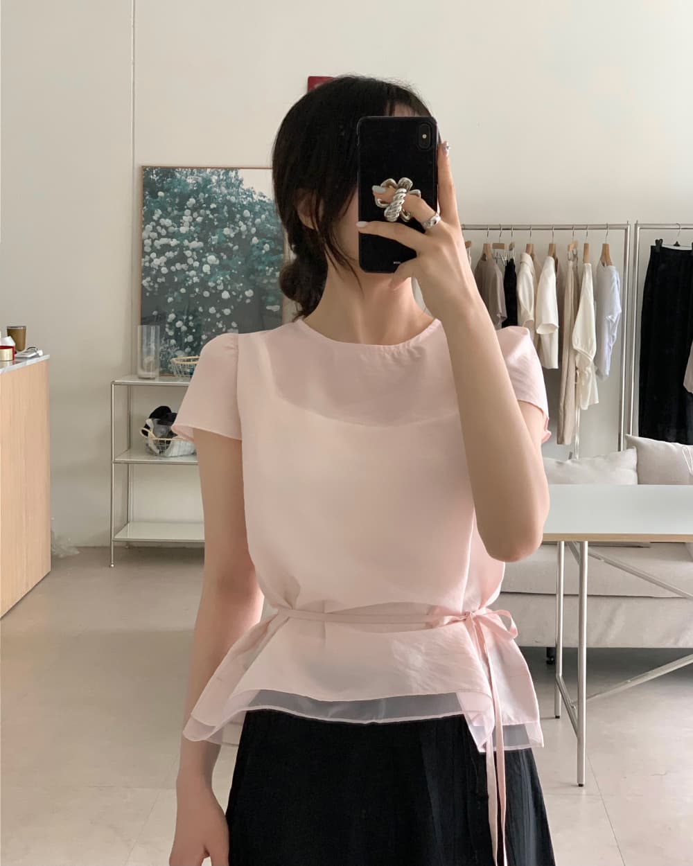 chic 한국 스타일 페이크 레이어드 패치워크 스트랩 라운드 넥 작은 대중 셔츠 상세 이미지 10