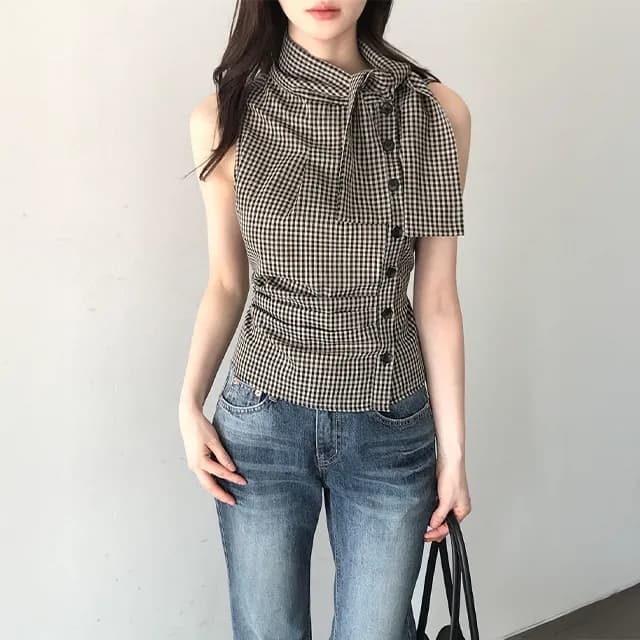 있음 선적 chic 한국 스타일 체크무늬 레이스업 민소매 조끼 상세 이미지 1