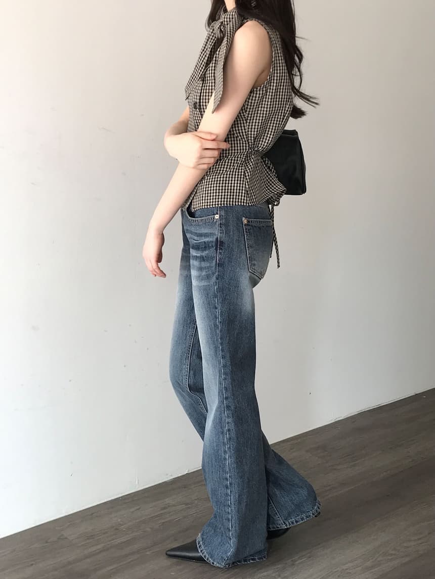 있음 선적 chic 한국 스타일 체크무늬 레이스업 민소매 조끼 상세 이미지 10