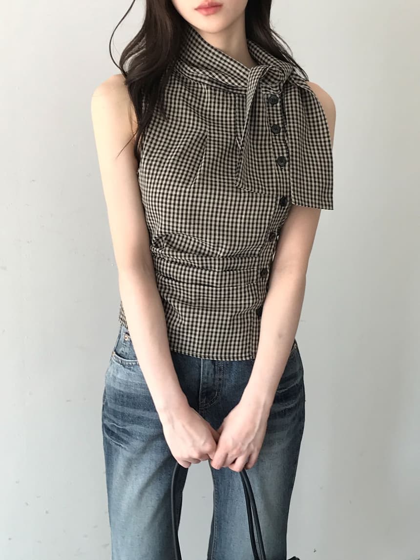 있음 선적 chic 한국 스타일 체크무늬 레이스업 민소매 조끼 상세 이미지 22