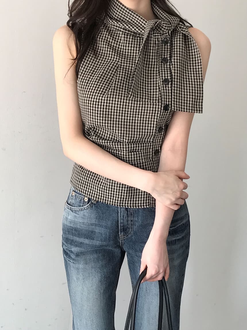 있음 선적 chic 한국 스타일 체크무늬 레이스업 민소매 조끼 상세 이미지 24
