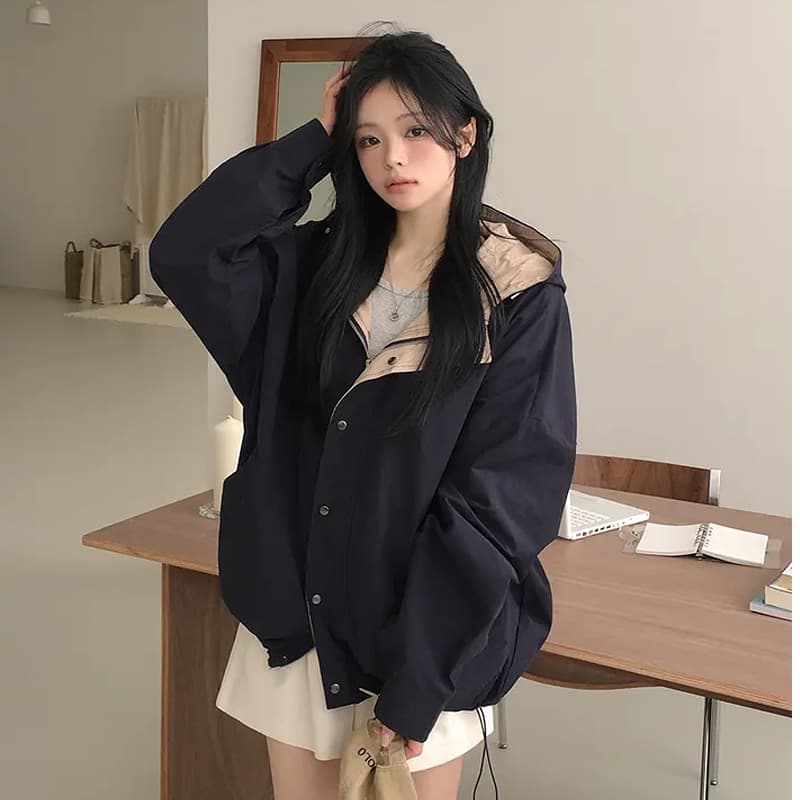 chic 한국 스타일 가을 후드 배색 루즈핏 캐주얼 재킷 이미지 2