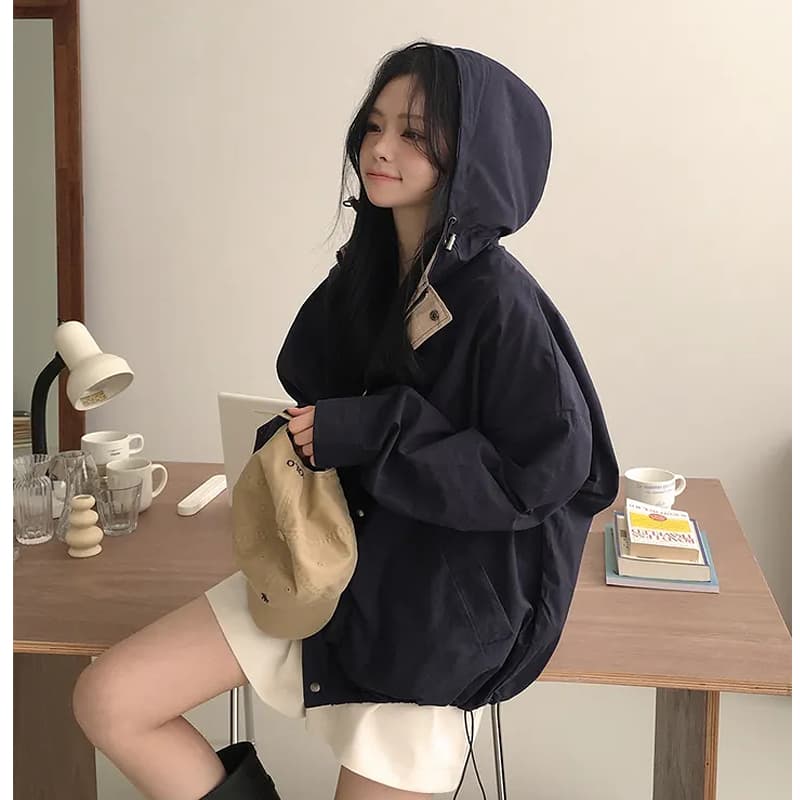 chic 한국 스타일 가을 후드 배색 루즈핏 캐주얼 재킷 이미지 4