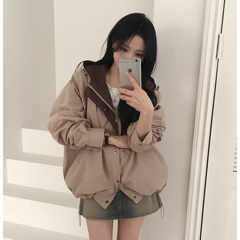 chic 한국 스타일 가을 후드 배색 루즈핏 캐주얼 재킷