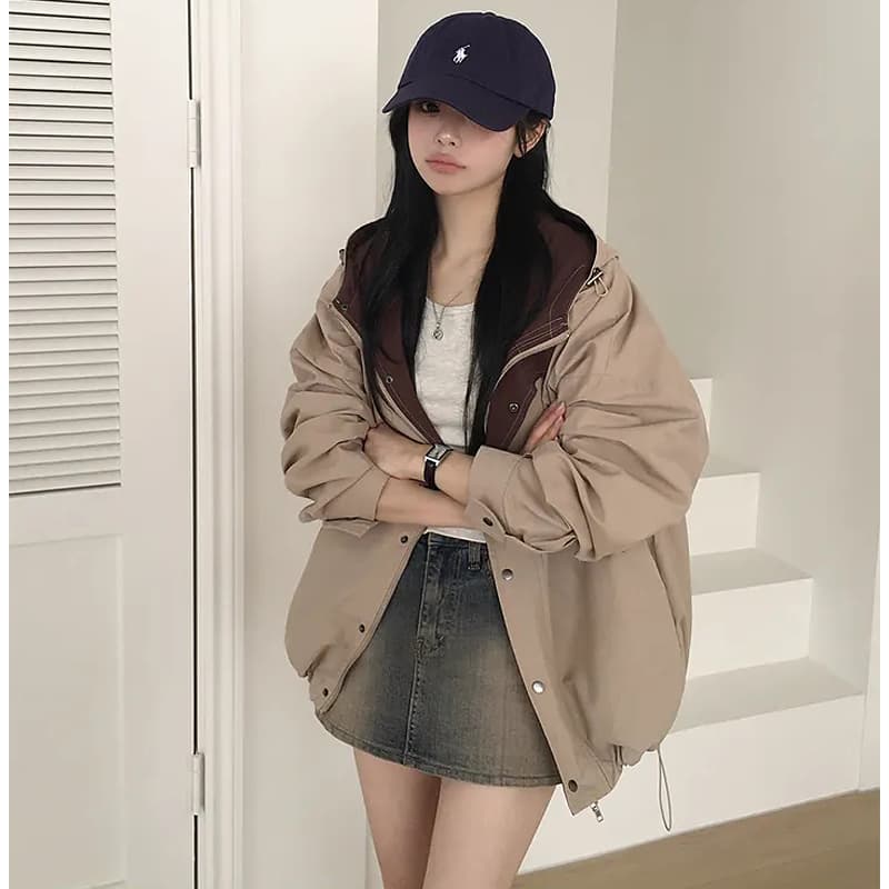 chic 한국 스타일 가을 후드 배색 루즈핏 캐주얼 재킷 이미지 3