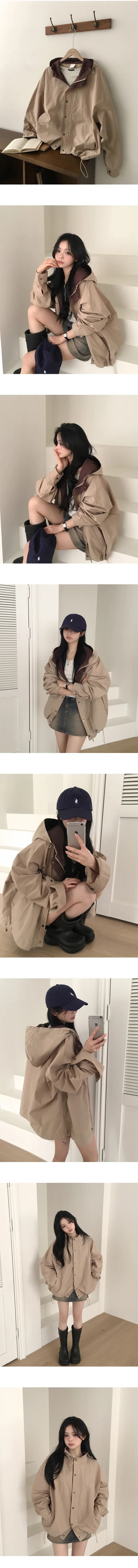 chic 한국 스타일 가을 후드 배색 루즈핏 캐주얼 재킷 상세 이미지 1