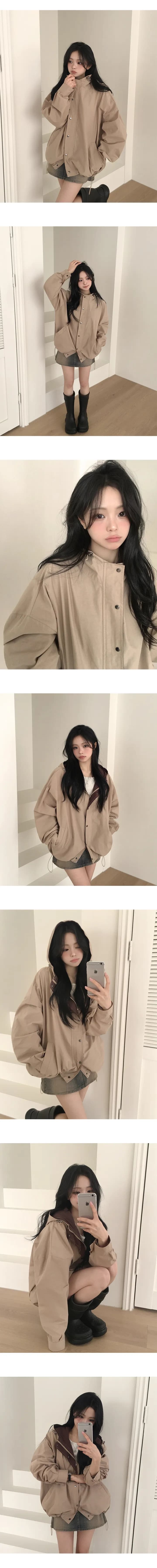 chic 한국 스타일 가을 후드 배색 루즈핏 캐주얼 재킷 상세 이미지 2