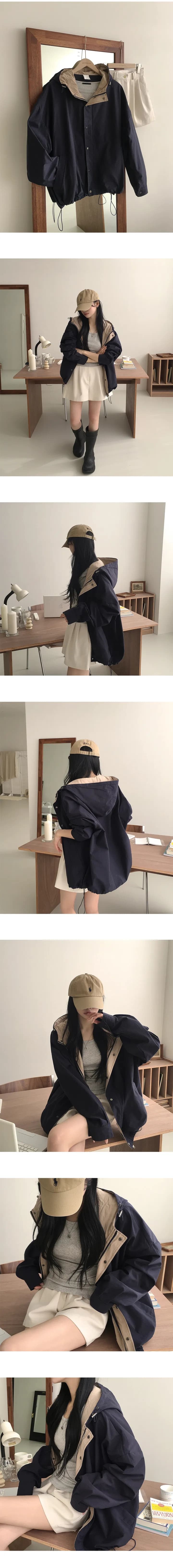 chic 한국 스타일 가을 후드 배색 루즈핏 캐주얼 재킷 상세 이미지 3