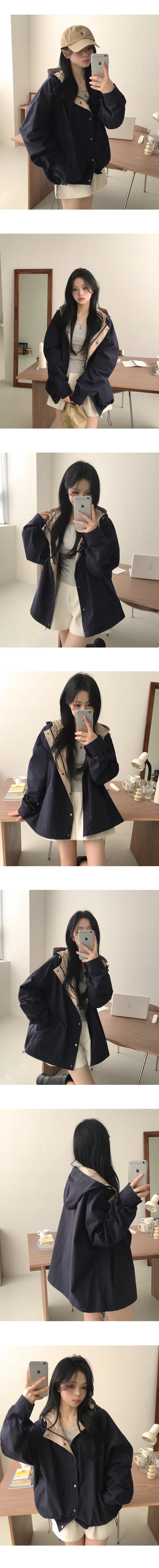 chic 한국 스타일 가을 후드 배색 루즈핏 캐주얼 재킷 상세 이미지 5