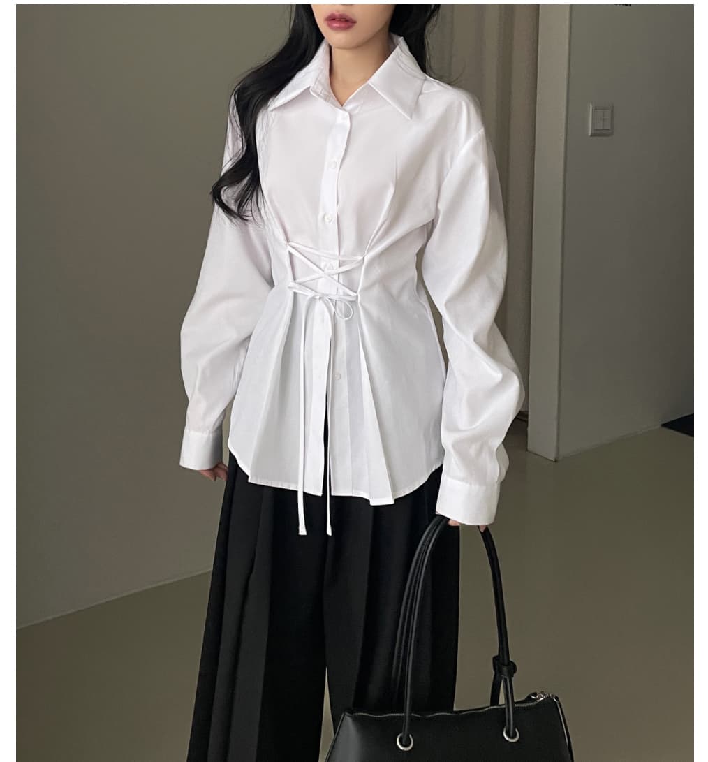 chic 한국 스타일 작은 대중 허리 수축 레이스 업 셔츠 상세 이미지 5