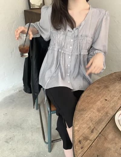 chic 한국 스타일 이른 가을 V 넥 셔츠 이미지 3
