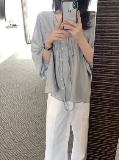 chic 한국 스타일 이른 가을 V 넥 셔츠 상세 이미지 6
