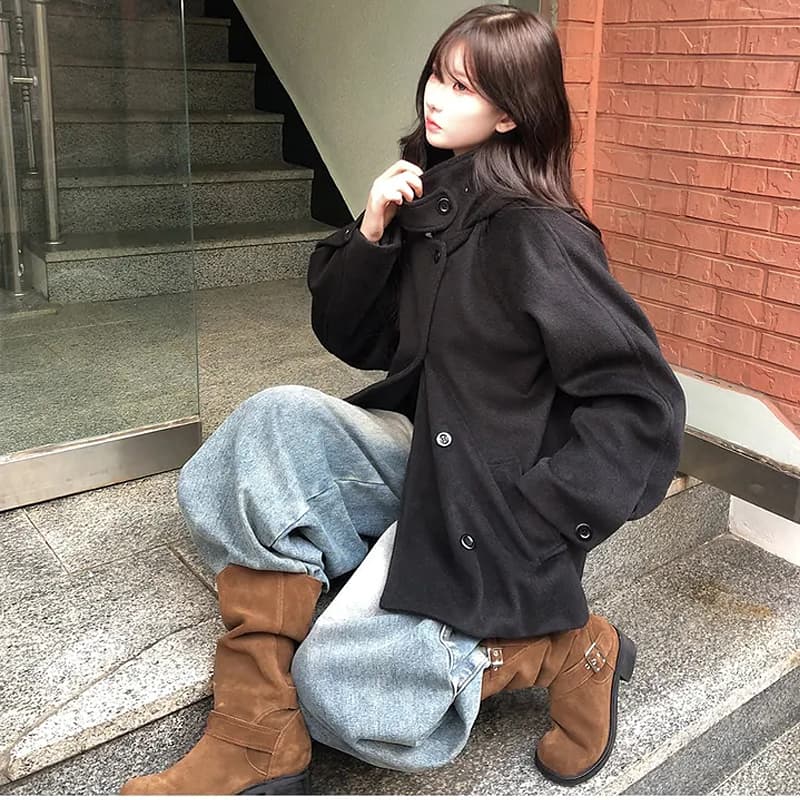chic 일본식 이중 버튼 후드 무거운 작업 모직 코트 재킷 이미지 4