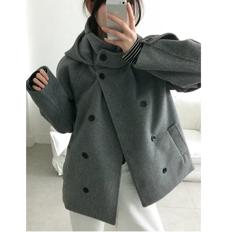 chic 일본식 이중 버튼 후드 무거운 작업 모직 코트 재킷 이미지 3