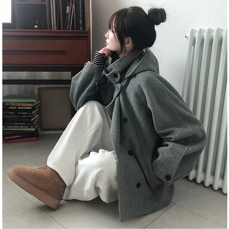 chic 일본식 이중 버튼 후드 무거운 작업 모직 코트 재킷 이미지 5