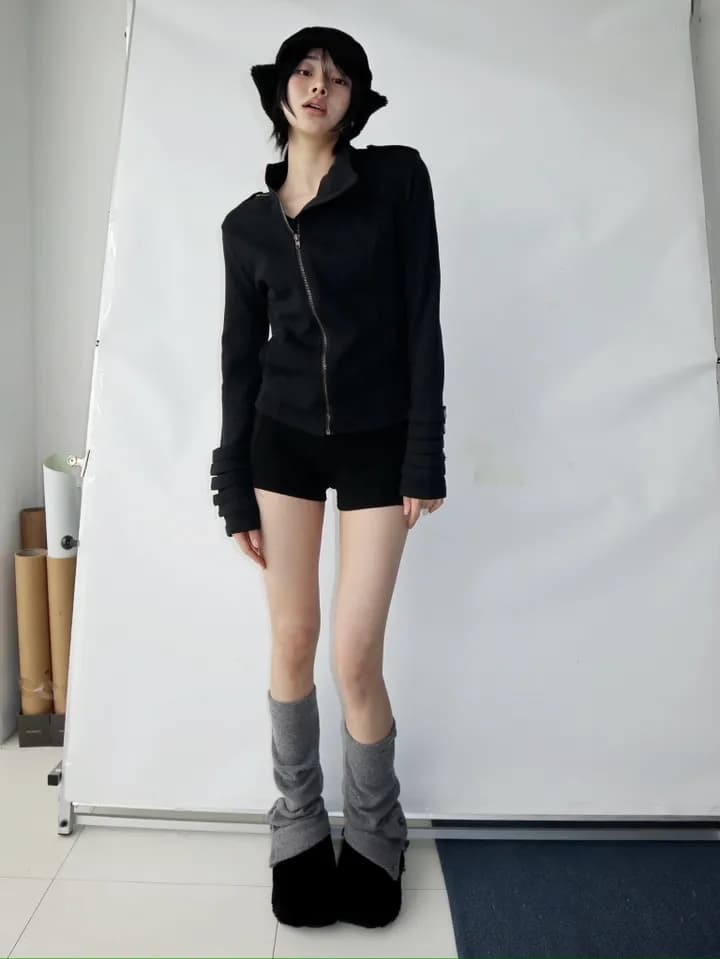 chic 한국 스타일 무거운 작업 비스듬한 문 襟 스탠드 칼라 후드티 재킷 이미지 3