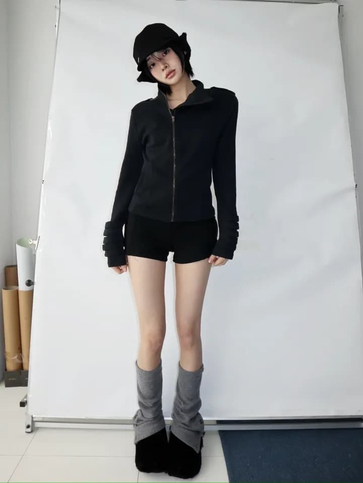 chic 한국 스타일 무거운 작업 비스듬한 문 襟 스탠드 칼라 후드티 재킷 상세 이미지 19