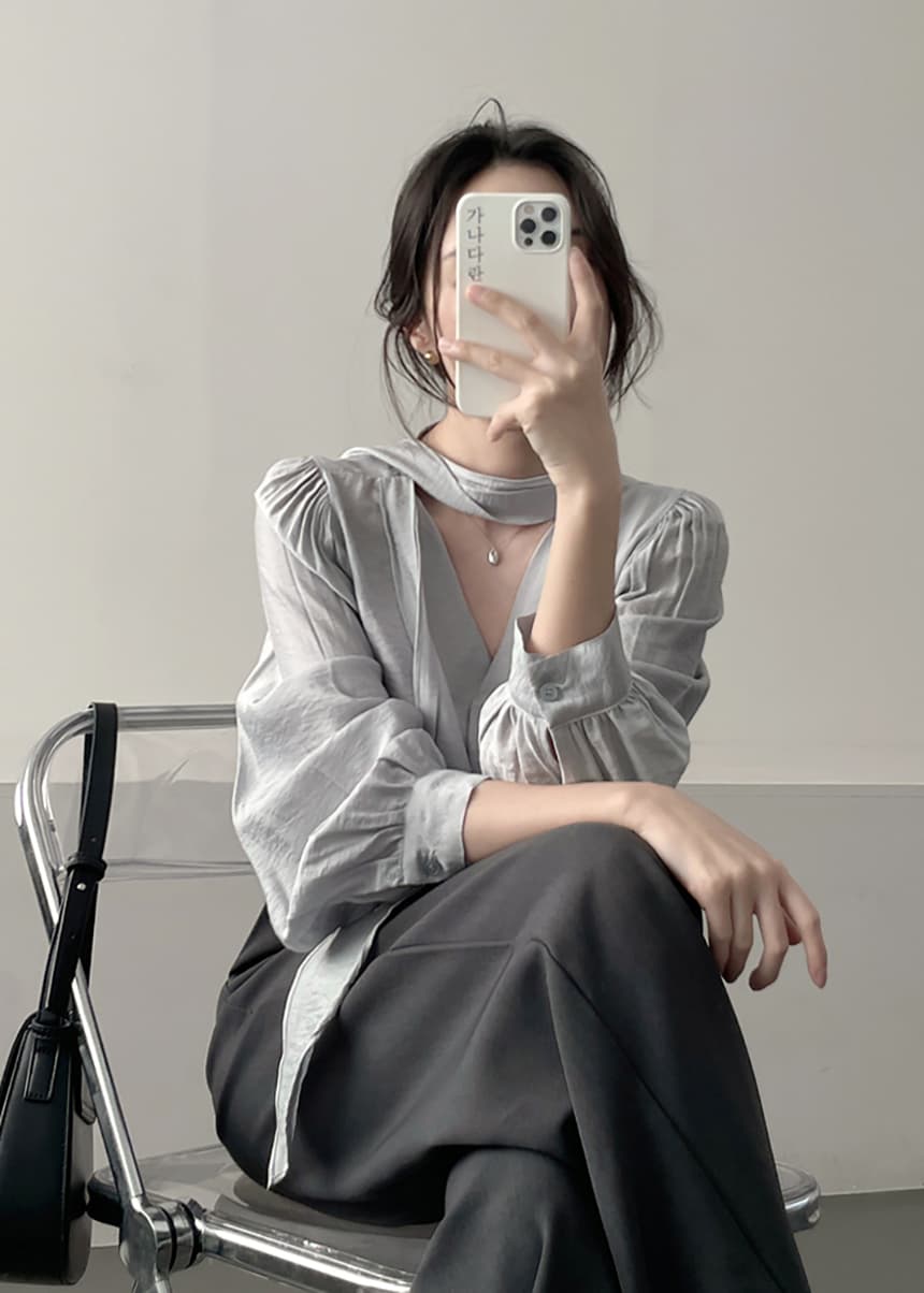 chic 한국 스타일 빛 럭셔리 개성 리본 V 넥 셔츠 상세 이미지 2