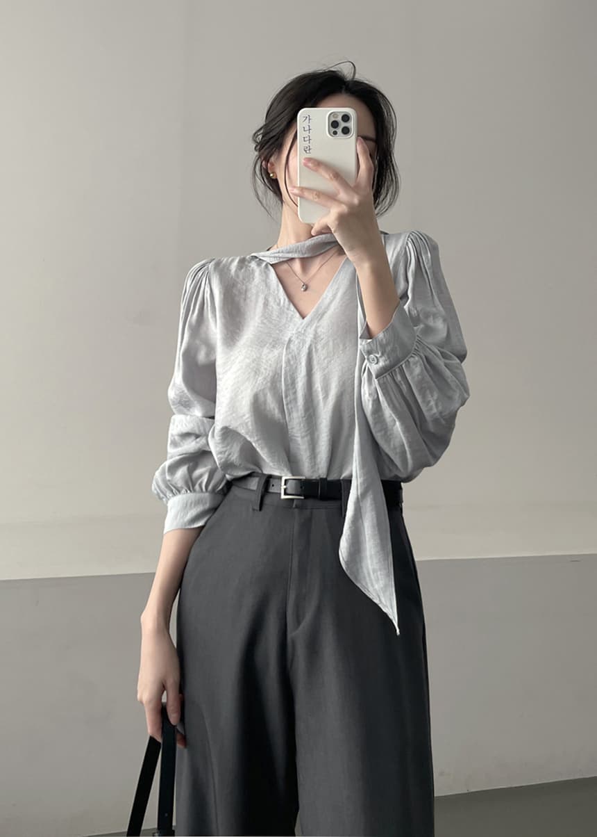 chic 한국 스타일 빛 럭셔리 개성 리본 V 넥 셔츠 상세 이미지 5