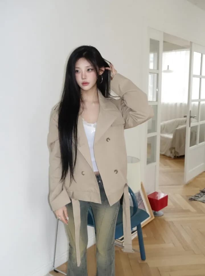 chic 한국 스타일 이중 버튼 바람막이 쇼트 스타일 재킷 상세 이미지 12