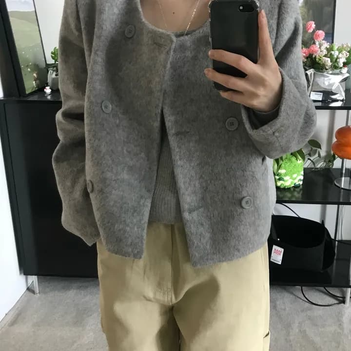 chic 한국 스타일 라운드 넥 이중 버튼 플러스 면 두꺼운 모직 외투 상세 이미지 1