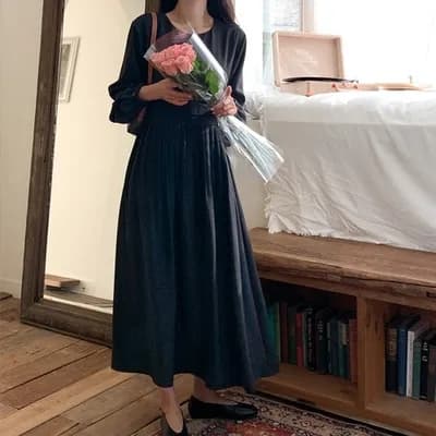 있음 선적 chic 한국 스타일 라운드 넥 긴팔 드레스 이미지 2