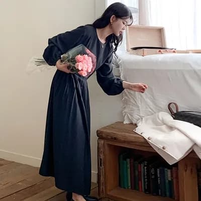 있음 선적 chic 한국 스타일 라운드 넥 긴팔 드레스 이미지 4