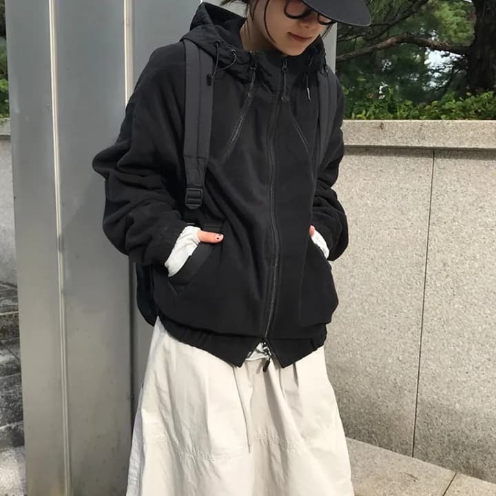 chic 한국 스타일 양면 양털 후드 무거운 작업 재킷 이미지 4