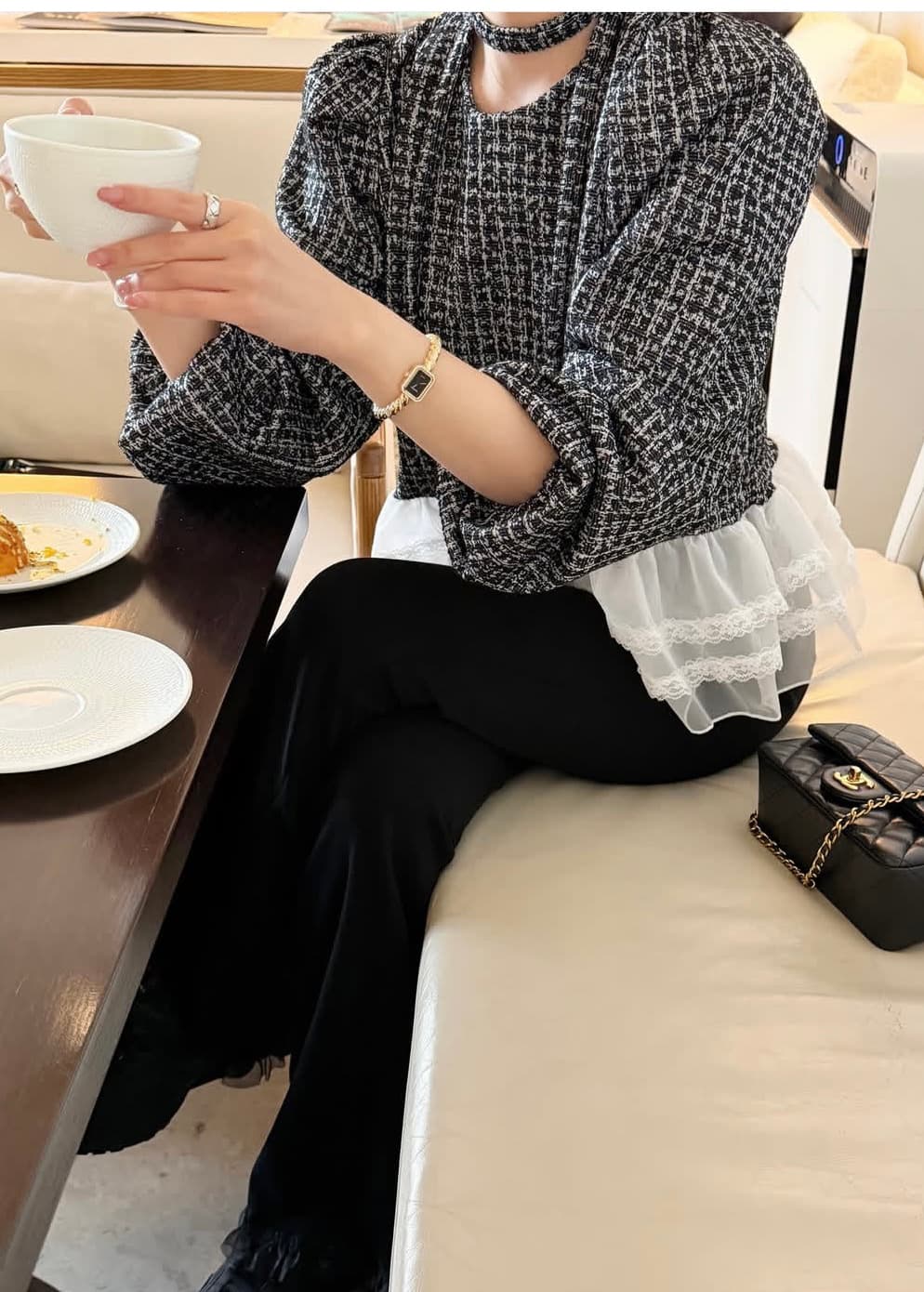 한 스타일 레트로 레이스 패치워크 백 잡아라. 의류
