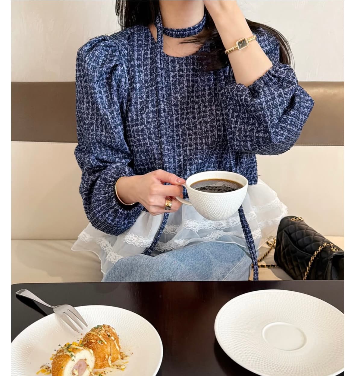 한 스타일 레트로 레이스 패치워크 백 잡아라. 의류 이미지 4