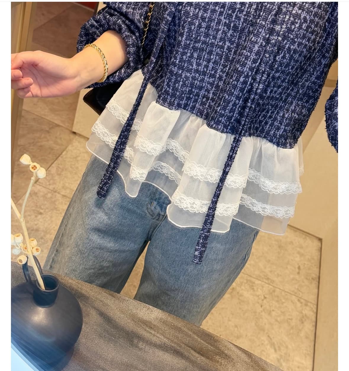 한 스타일 레트로 레이스 패치워크 백 잡아라. 의류 상세 이미지 15