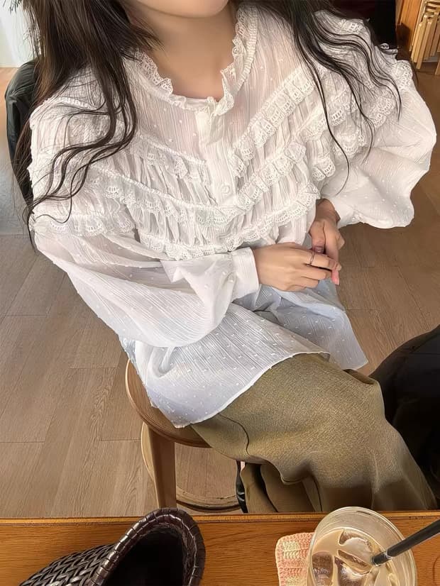 연령 감소 디자인 센스 레이스 패치워크 셔츠 셔츠 이미지 4