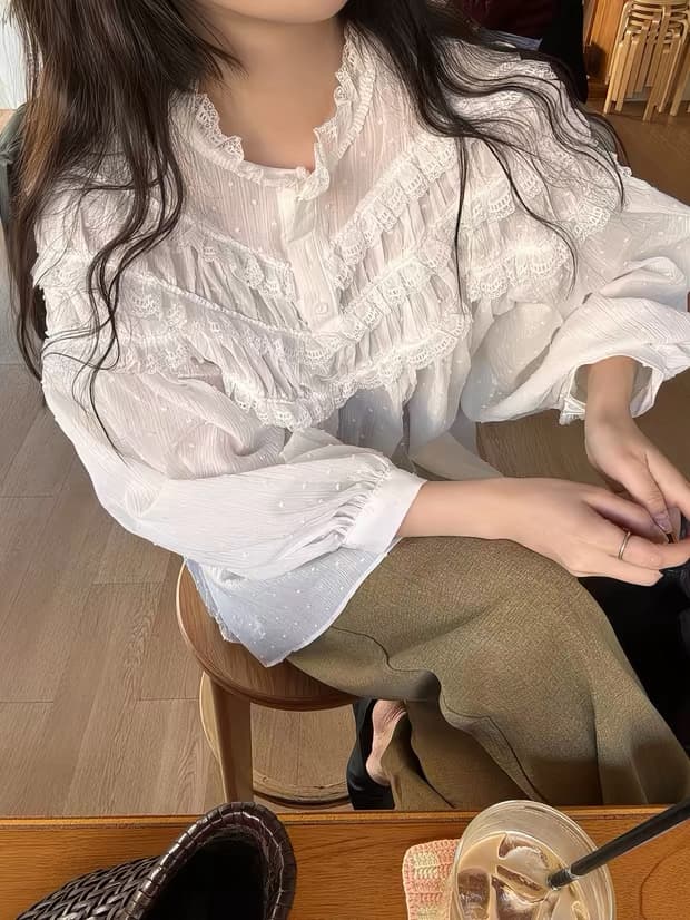 연령 감소 디자인 센스 레이스 패치워크 셔츠 셔츠 상세 이미지 1