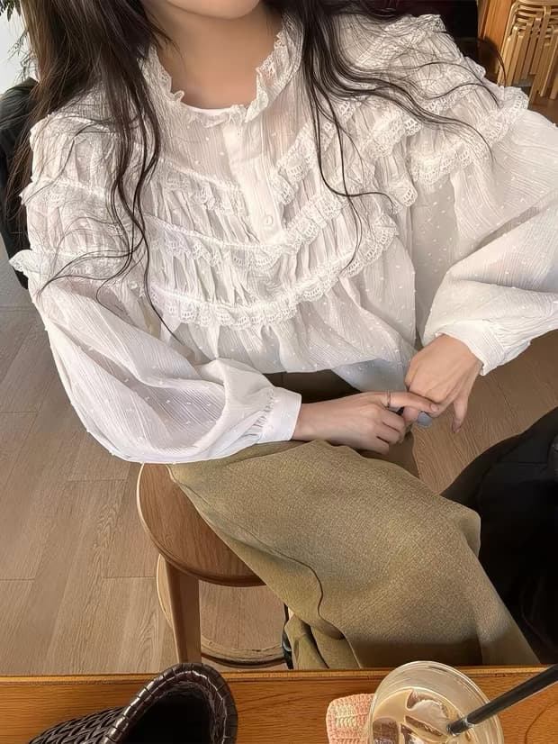 연령 감소 디자인 센스 레이스 패치워크 셔츠 셔츠 상세 이미지 2