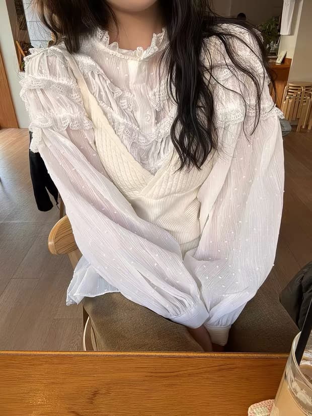 연령 감소 디자인 센스 레이스 패치워크 셔츠 셔츠 상세 이미지 3