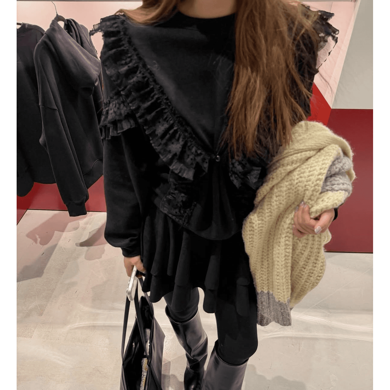 디자인 센스 레이스 꾸밈음 후드 티 스웨터 이미지 5