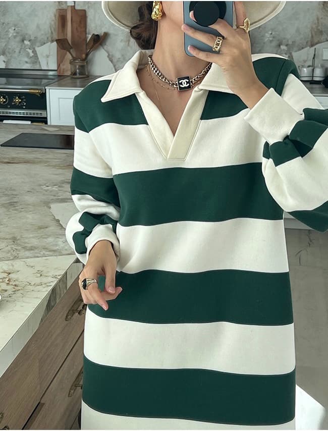 나 물품 한 스타일 레트로 스트라이프 롱 코트 후드티 드레스 상세 이미지 11