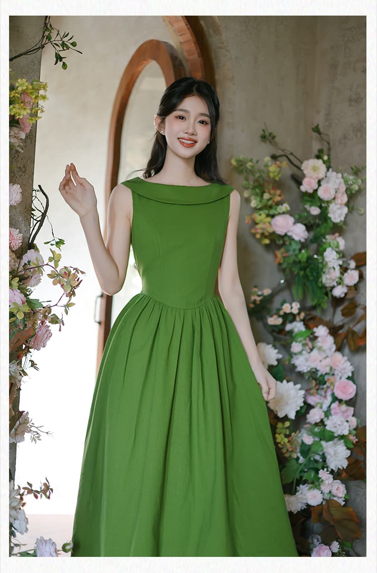 속죄 녹색 프랑스식 레트로 그는 벤 바람 민소매 품격 허리 수축 면 린넨 여성 드레스 여름 상세 이미지 12