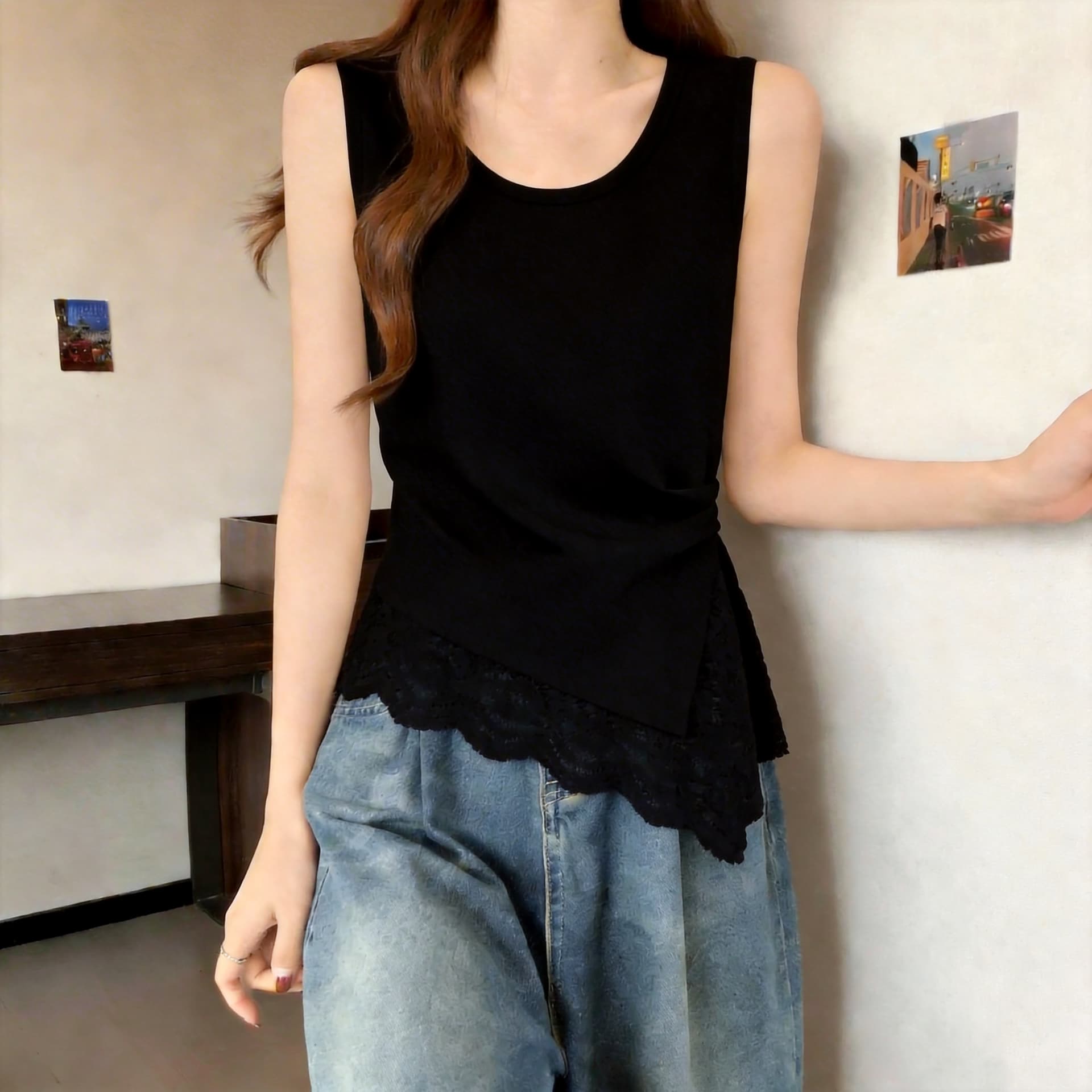 2026 새로운 여성 의류 레이스 조각 불규칙 디자인 센스 봄 가을 패션 바람 조류 소녀 조끼 트렌디 상세 이미지 4