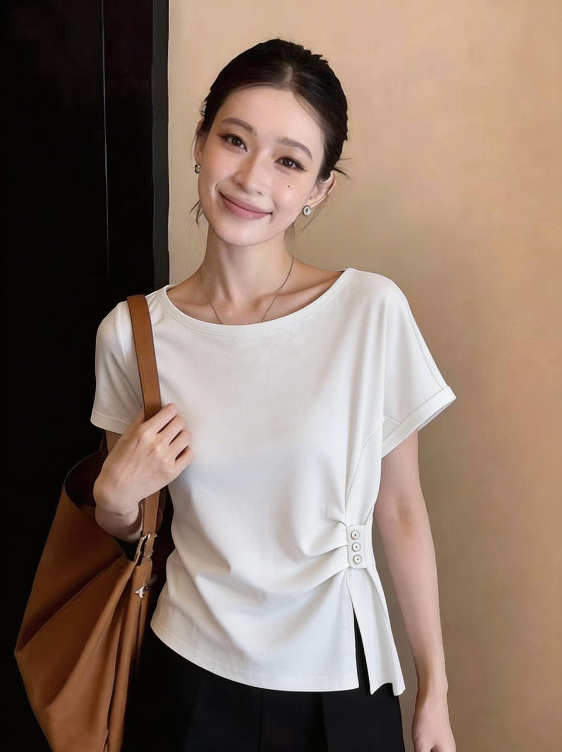 2026 여름 신제품 보트넥 측면 허리 금속 버클 수신 Pleat 트임 반팔 티셔츠 허리 수축 슬림해 보이는 맨위 블라우스 상세 이미지 10