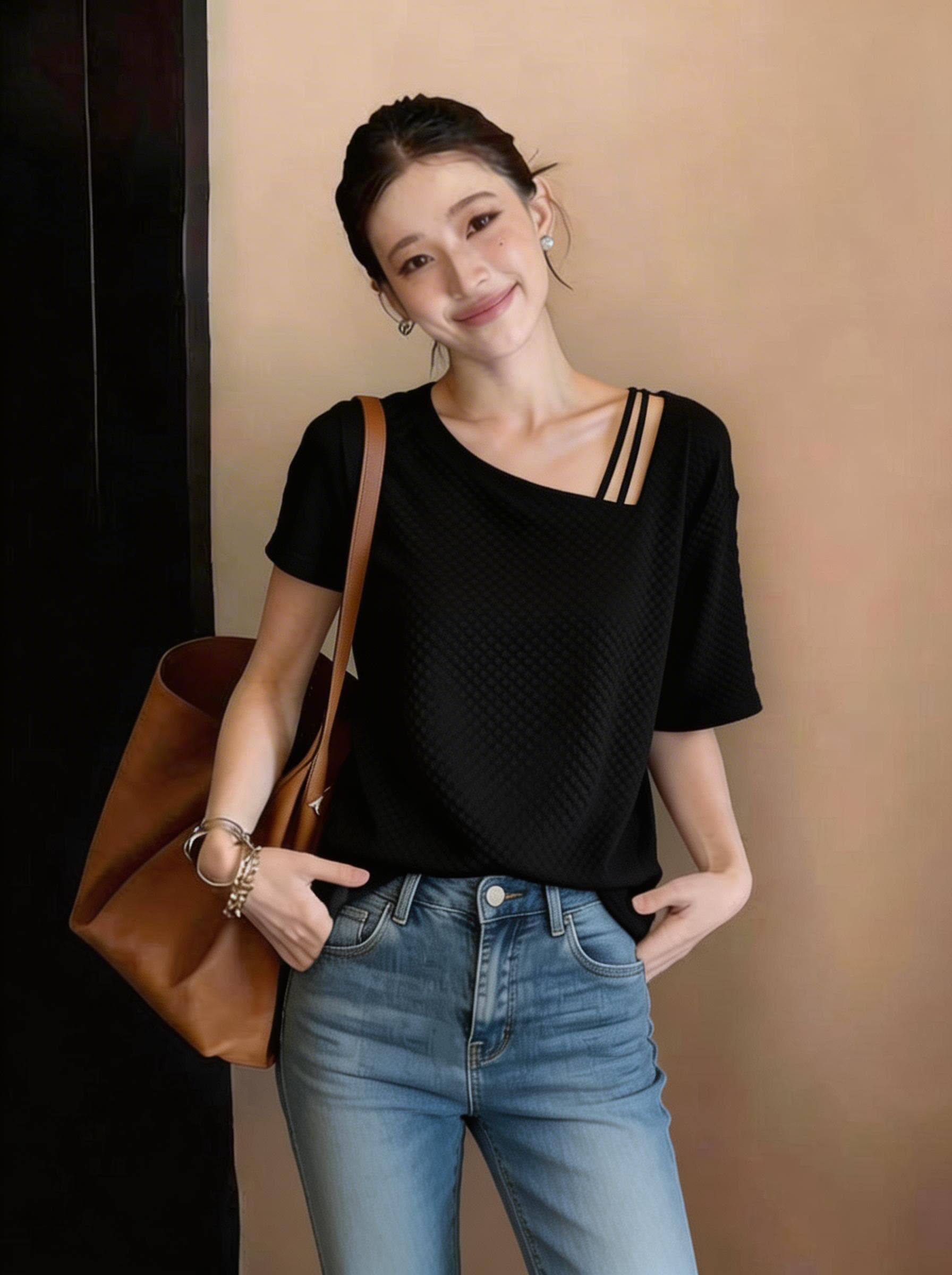 빅 사이즈 여름 느긋한 바람을 피우다 롱 코트 오프숄더 반팔 티셔츠 여성 지방 mm 표지 배 슬림해 보이는 디자인 센스 루즈핏 맨위 이미지 2