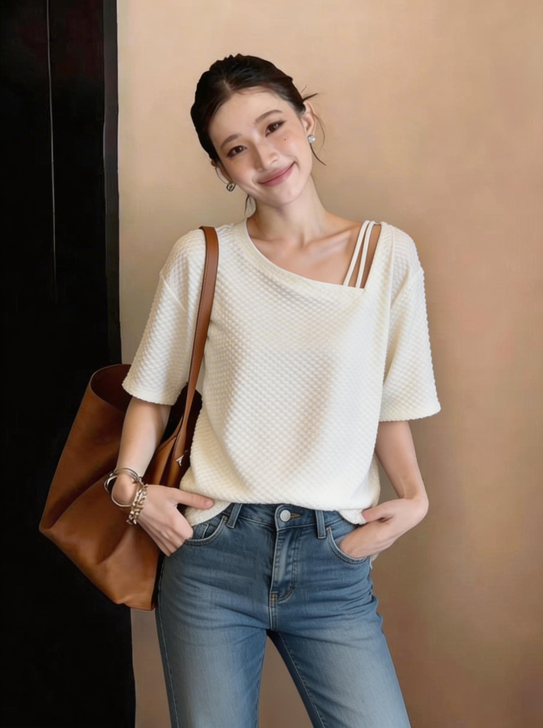 빅 사이즈 여름 느긋한 바람을 피우다 롱 코트 오프숄더 반팔 티셔츠 여성 지방 mm 표지 배 슬림해 보이는 디자인 센스 루즈핏 맨위 이미지 4