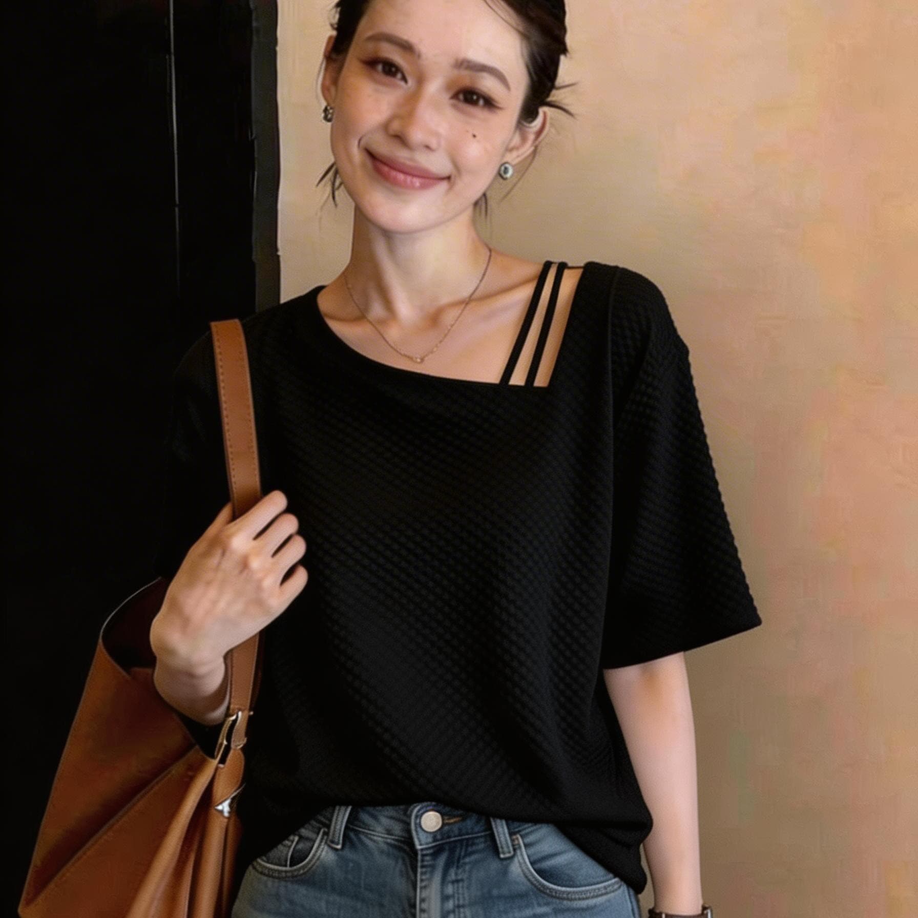 빅 사이즈 여름 느긋한 바람을 피우다 롱 코트 오프숄더 반팔 티셔츠 여성 지방 mm 표지 배 슬림해 보이는 디자인 센스 루즈핏 맨위 이미지 5