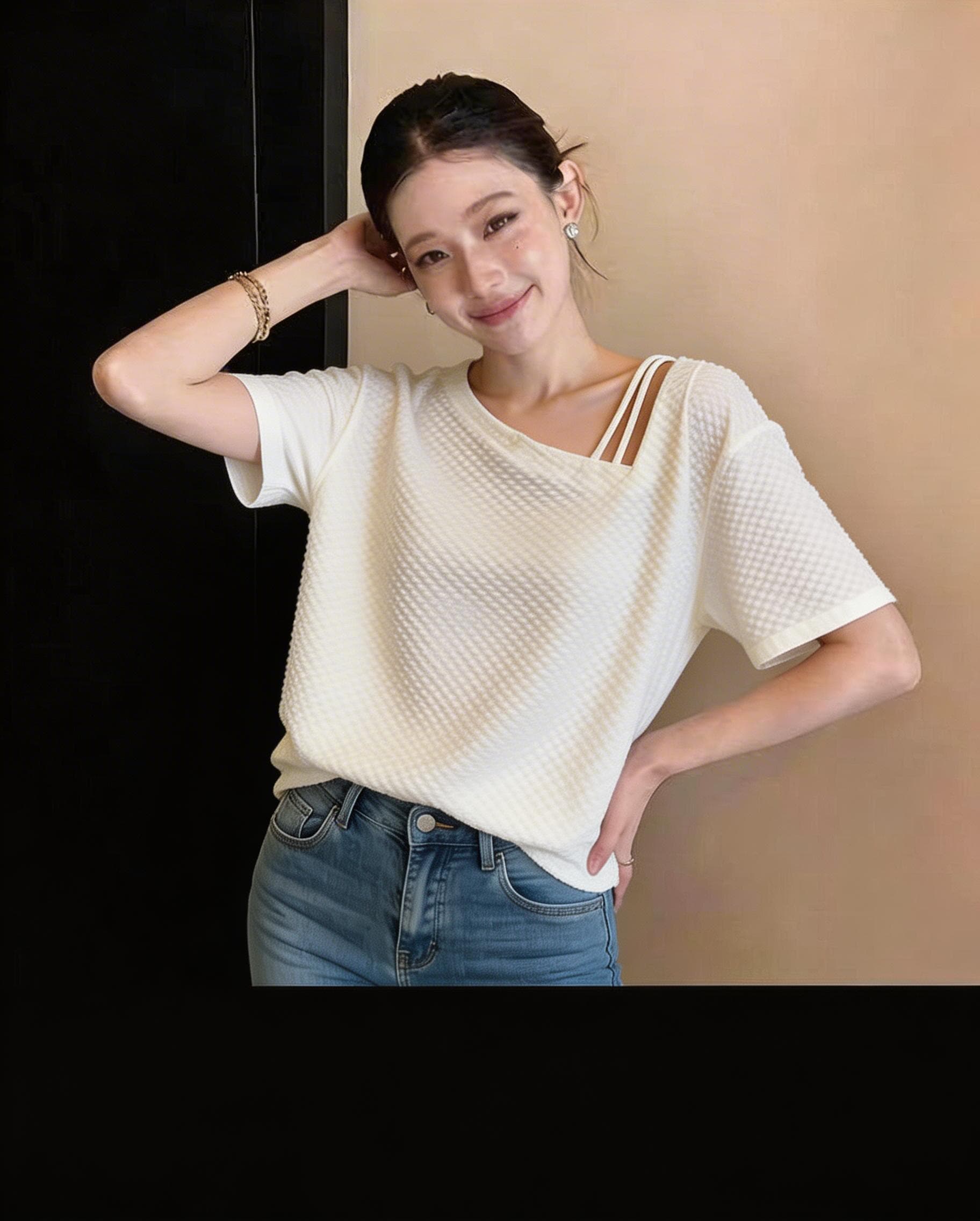 빅 사이즈 여름 느긋한 바람을 피우다 롱 코트 오프숄더 반팔 티셔츠 여성 지방 mm 표지 배 슬림해 보이는 디자인 센스 루즈핏 맨위 상세 이미지 3