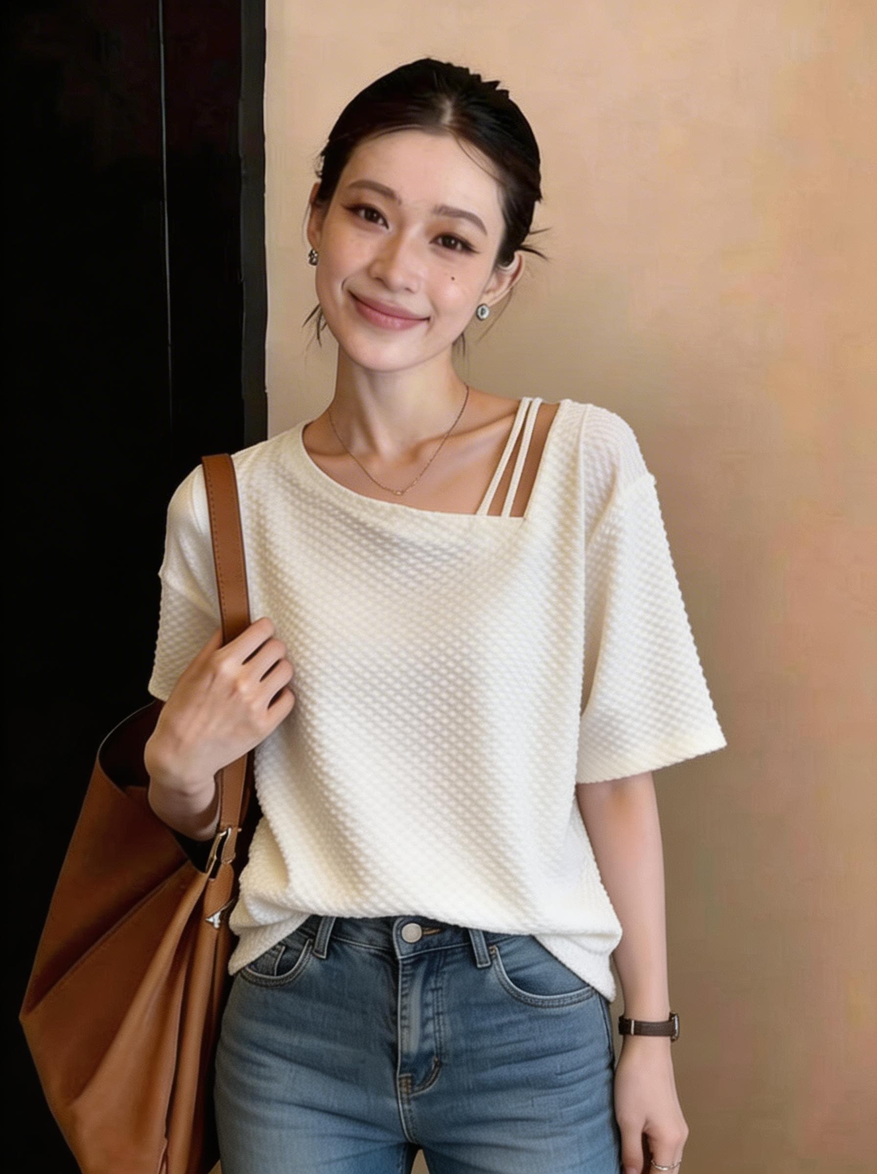 빅 사이즈 여름 느긋한 바람을 피우다 롱 코트 오프숄더 반팔 티셔츠 여성 지방 mm 표지 배 슬림해 보이는 디자인 센스 루즈핏 맨위 상세 이미지 4