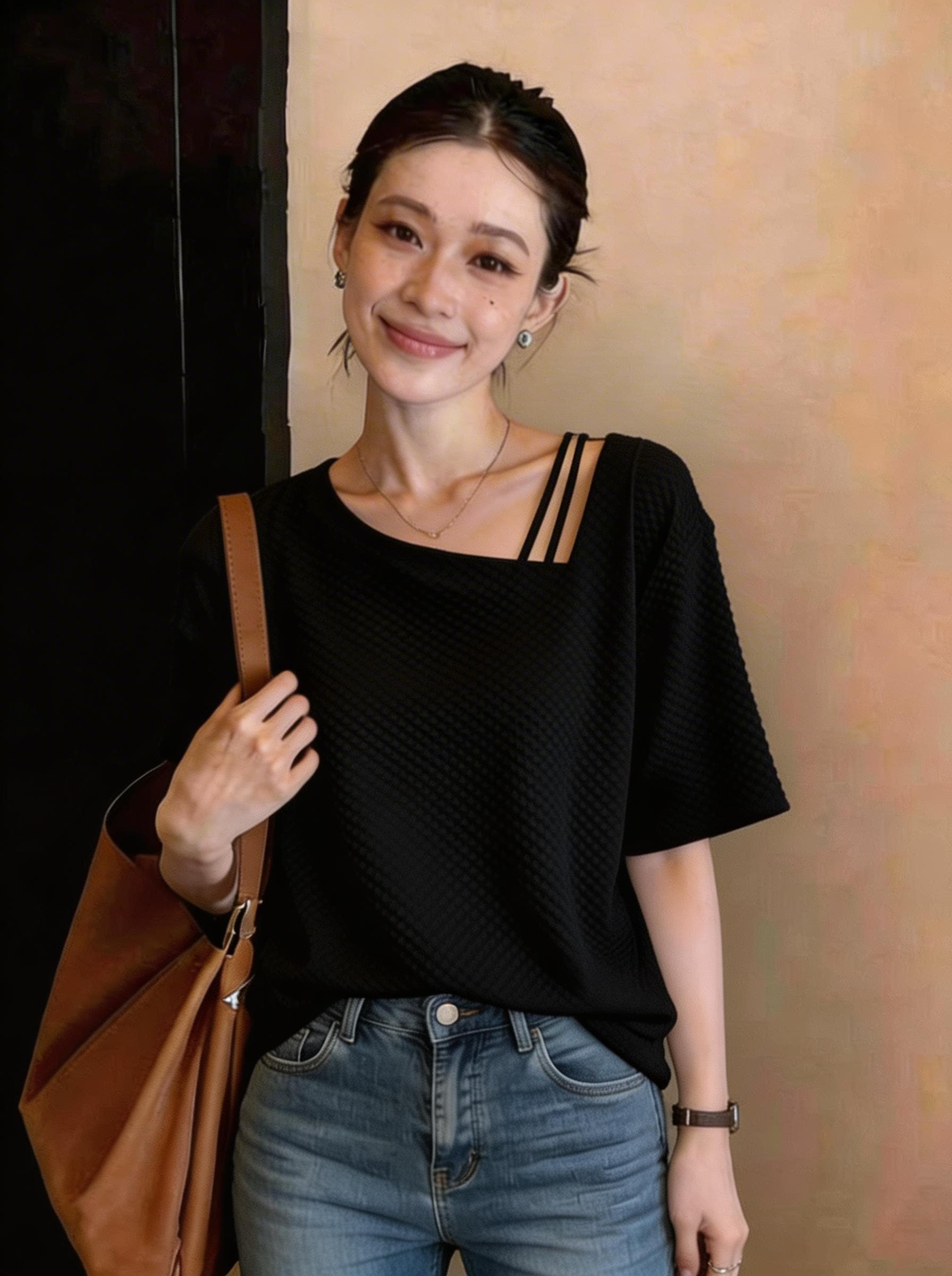 빅 사이즈 여름 느긋한 바람을 피우다 롱 코트 오프숄더 반팔 티셔츠 여성 지방 mm 표지 배 슬림해 보이는 디자인 센스 루즈핏 맨위 상세 이미지 11
