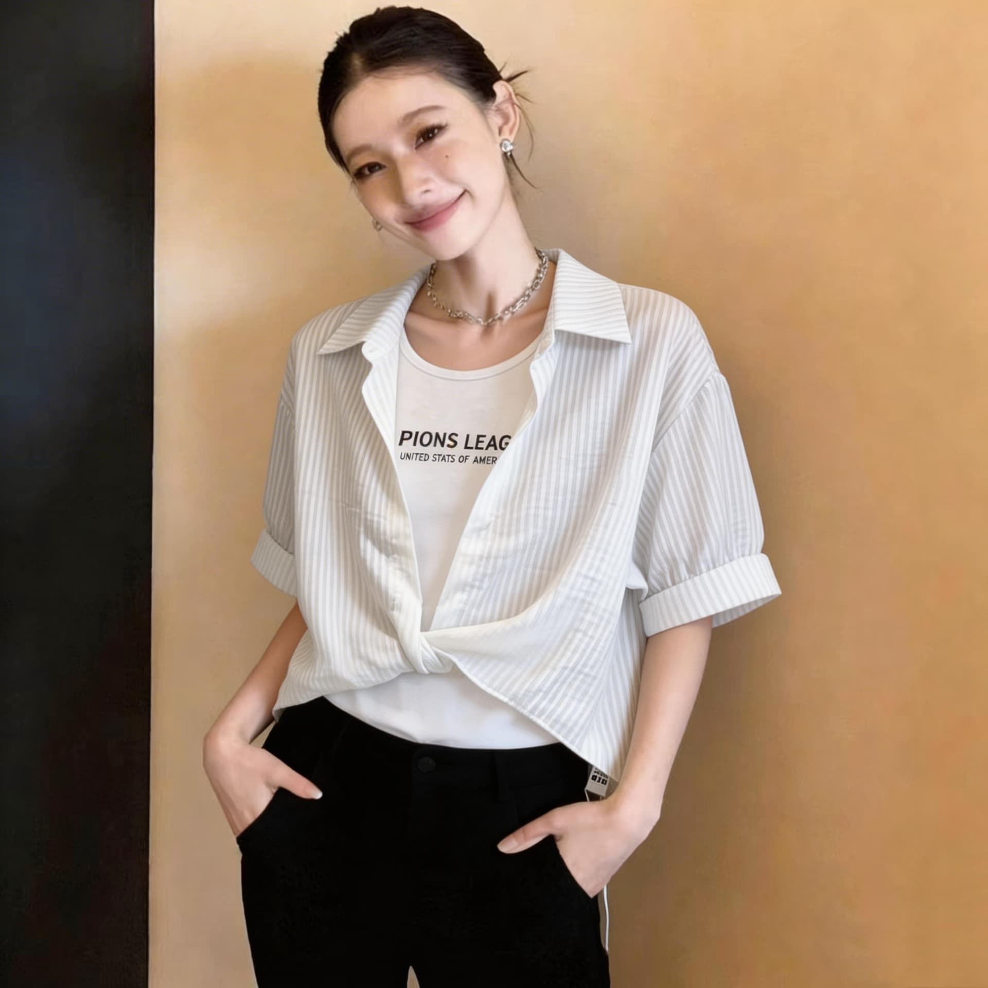 2026 새로운 여름 POLO 칼라 스트라이프 반팔 쉬폰 여성 셔츠 외국 가스 무거운 작업 핫픽스 페이크 레이어드 맨위
