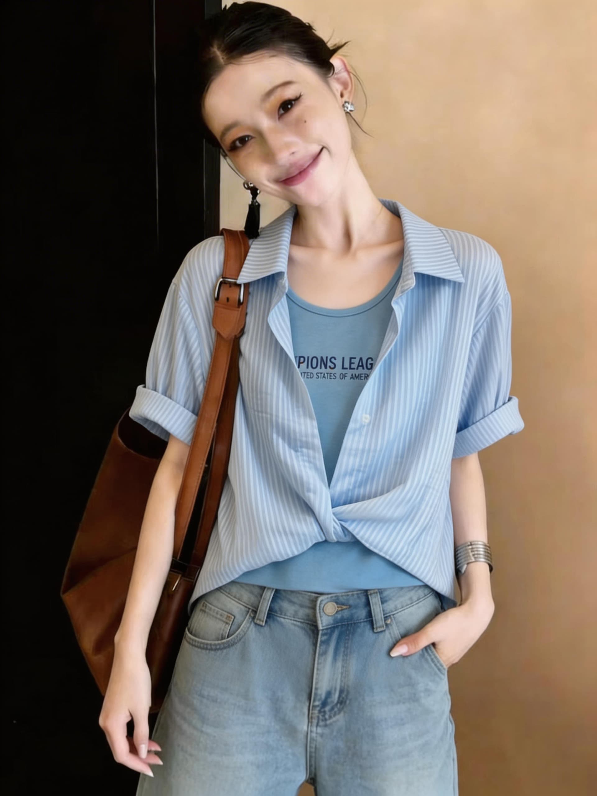2026 새로운 여름 POLO 칼라 스트라이프 반팔 쉬폰 여성 셔츠 외국 가스 무거운 작업 핫픽스 페이크 레이어드 맨위 이미지 2
