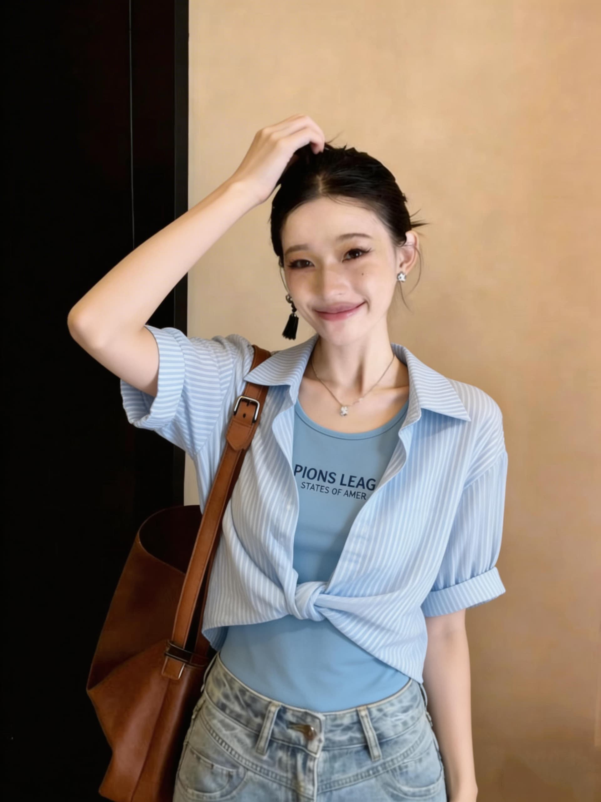2026 새로운 여름 POLO 칼라 스트라이프 반팔 쉬폰 여성 셔츠 외국 가스 무거운 작업 핫픽스 페이크 레이어드 맨위 상세 이미지 4
