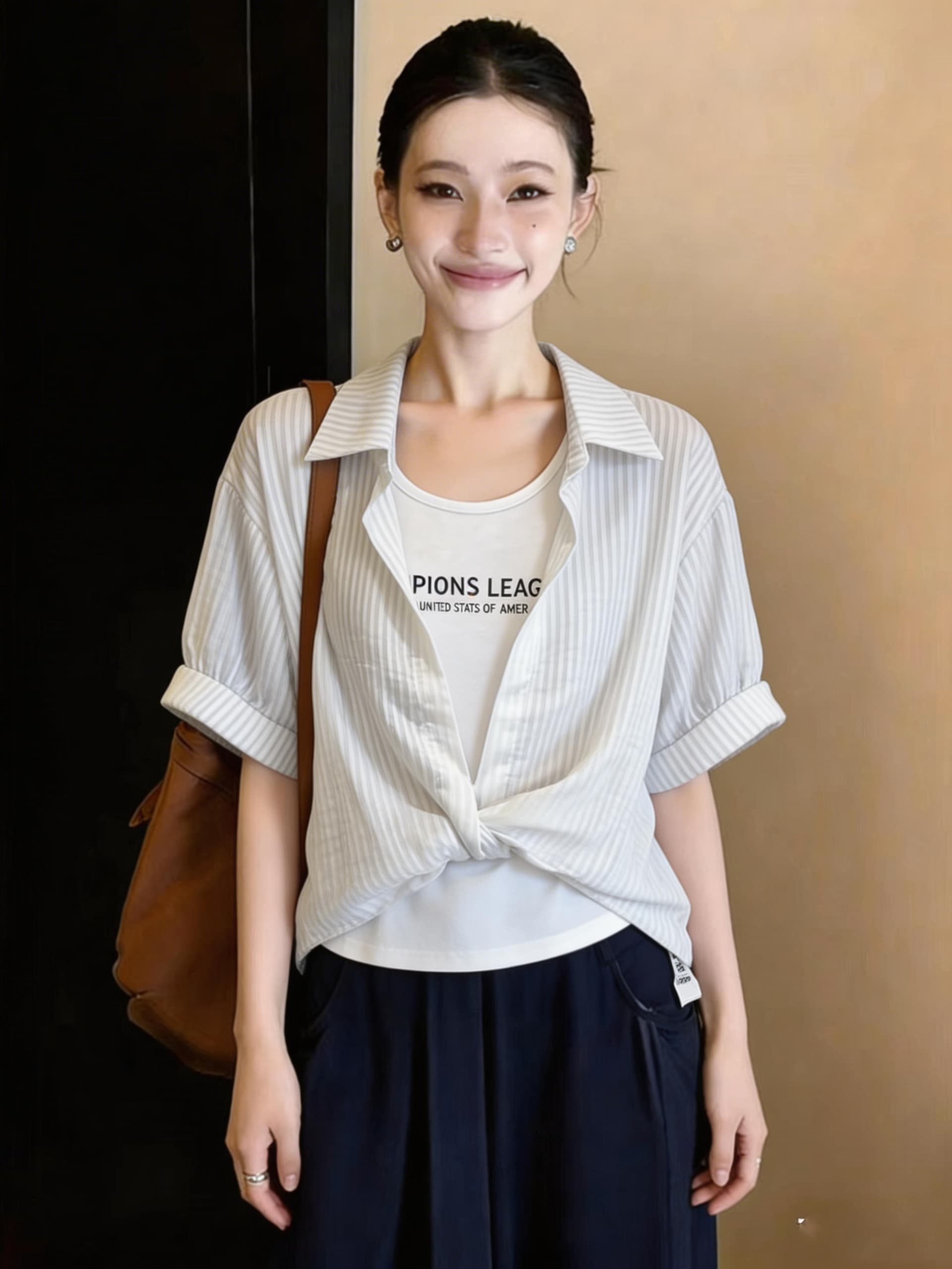 2026 새로운 여름 POLO 칼라 스트라이프 반팔 쉬폰 여성 셔츠 외국 가스 무거운 작업 핫픽스 페이크 레이어드 맨위 상세 이미지 6
